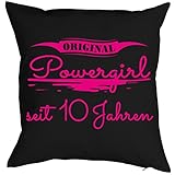 kindergeburtstag dekoration rapunzel Aufdruck in kräftigen Farben Tini - Shirts 10 Geburtstag Kissen - Kuschelkissen Kinder - Geburtstagsfeier 10.Geburtstag Mädchen : Original Powergirl seit 10 Jahren - Deko - Kissen ohne Füllung - Farbe: schwarz