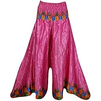 Shakira Women Wide Leg Skirt Pants Printed Silk Sari Smocked High Waist Flare Full Length Maxi Skirts M Brown