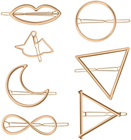 7 PCS Gold Hairpin, Zhichengbosi Minimalist Dainty Hair Clips, Circle, Triangle, Moon, Horse, Lip Shape, for Women Girls Hair Styling Tool