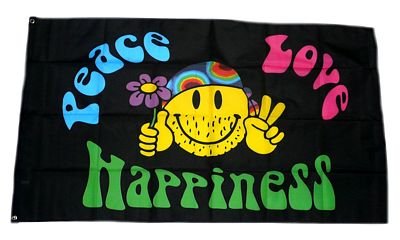 Preisvergleich Produktbild Flagge / Fahne Peace Love Happiness 90 x 150 cm FLAGGENMAE®