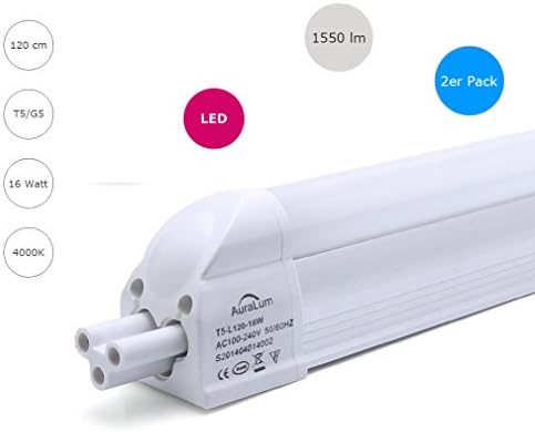 2 x Auralum 4ft (120cm) 16W 1550LM Natural White (4500K) T5 Fluorescent Light LED Tube Integrated Tube Light