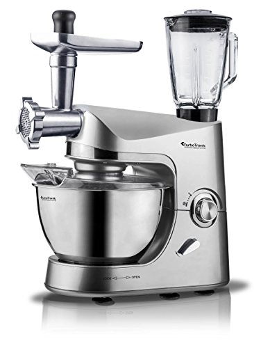 2000 Watt TurboTronic Küchenmaschine proMixPLUS mit Fleischwolf, Standmixer (1,5 Liter, Glasbehälter) und 5 Liter Edelstahl-Schüssel, 2,7 PS starker Motor, Rühr- und Knet-Maschine, Teigkneter