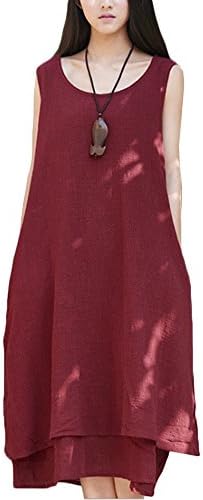 KE1AIP Women's Vintage Linen Sleeveless Vest Dress Casual Loose A-Line Long Dress (Wine Red)