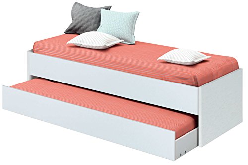 Cama nido de dormitorio juvenil color blanco brillo, somier inferior incluido, para colchones de 190x90cm. 202cm ancho x 97cm fondo x 54cm altura