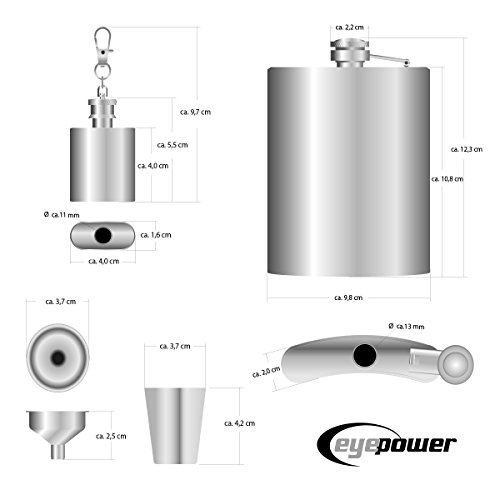 eyepower Flachmann-Set Geschenkbox Edelstahl 210 ml| Trichter, 4 Bechern, Schlüsselanhänger - 9