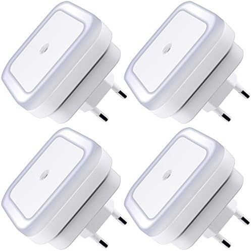 DLAND LED Night Light Lamp with Smart Auto ON/OFF Sensor Set of 4, 0.5W Plug-in LED Wall Night Light Lamp for Bedroom, Bathroom, Hallway, Stairways, or Any Dark Room Soft Brightness.(White)