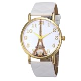 Saingace Paris-Eiffelturm-Frauen-Faux-Leder-analoge Quarz-Armbanduhr(Weiß)