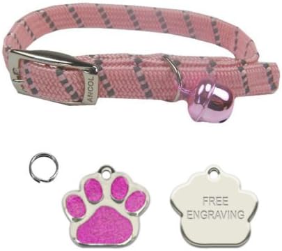 ANCOL Cat Pink Reflective Elasticated Softweave Collar With Paw Print Shaped Glitter Cat ID Tag