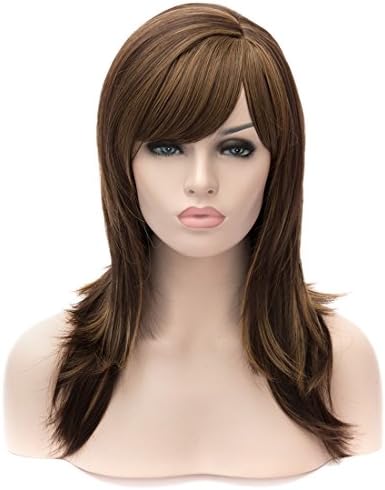 Yapeach Real Human Hair Wig, Side-Swept Bangs, Brown Red Flax Long Curly Hair Wigs for Women