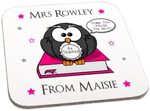 Maisie Moo Gifts Limited Personalised Thank You Blue/Pink Owl Teacher Wooden Coaster Gift End Of Term Present (Pink Book Owl)