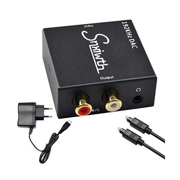Snxiwth 192kHz Audio Konverter Wandler Digital (Toslink und Koaxial) zu Analog (Cinch) Noise Reduction Design Digital zu Analog Audiowandler Decoder mit Netzteil und Toslinkkabel - Schwarz