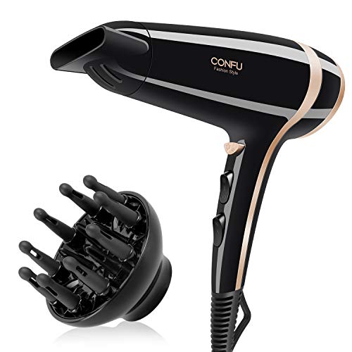 Föhn Haartrockner Ionen Fön CONFU Profi Haartrockner mit Stylingdüse 2200W leistungsstarker und langlebiger Motor 3 Heiz & 2 Gebläsestufen + Abkühlstufe +Diffusor - Schwarz
