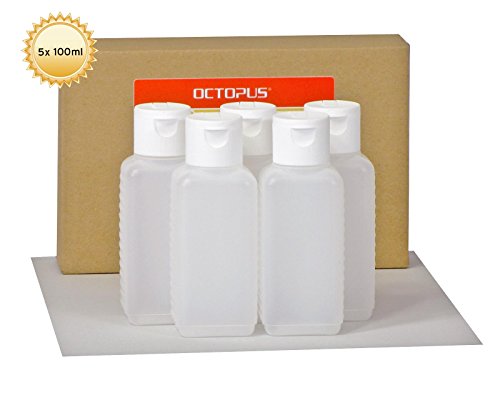 5 x 100 ml Octopus Kunststoffflaschen, HDPE Plastikflaschen mit weißem Klappverschluss, Leerflaschen mit weißem Scharnierverschluss, Vierkantflaschen inkl. 5 Beschriftungsetiketten