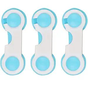 LADWA 3 Pieces Child Safety Strap Locks Baby Locks for Cabinets and Drawers (Blue, Pack of 3), Toilet, Fridge & More. Easy Installation, No Drilling Required