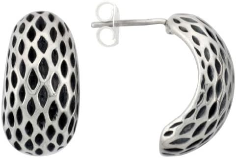 Sterling Silver Half Hoop Bali Style Post Earrings, w/ Diamond Shape Pattern, 11/16" (17mm) tall