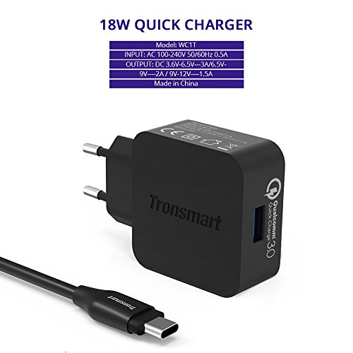 [Qualcomm Quick Charge 3.0] Tronsmart 18W USB Ladegerät Wand Ladeadapter mit 1,8M Type C Ladekabel für Samsung Galaxy S7 / S6 / Edge / Plus, Note 5 / 4, LG G4, HTC One A9 / M9, Nexus 6, iPhone, iPad und weitere – Schwarz - 2