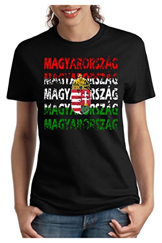 OM3 – MAGYARORSZÁG – Damen T-Shirt tailliert – HUNGARY EM 2016 FRANKREICH FRANCE FUSSBALL FANSHIRT SOCCER SPORT TRIKOT EUROPAMEISTER, S, schwarz