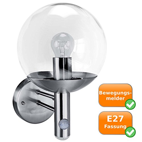 Edelstahl Außenleuchte mit Bewegungsmelder, Kugelleuchte für Leuchtmittel der Energieklassen A++ - E