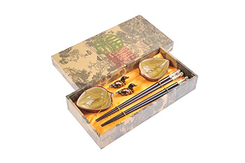 Quantum Abacus Set di Bacchette con Ciotole in Ceramica Peonia di Montagna in Confezione Decorativa, 2 Bacchette cesellate in Legno, 2 poggiabacchette, 2 Ciotole in Ceramica, CBS-S2-G-H03