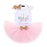 ❤❤ Manga corta, O cuello, tul empalmado, impresión de letras, decoración de bowknot o unicornio, embellecido con letras especiales de impresión y bowknot de lentejuelas brillantes, tul de múltiples capas,bowknot diadema de lentejuelas doradas o diadema unicornio, muy recomendable.