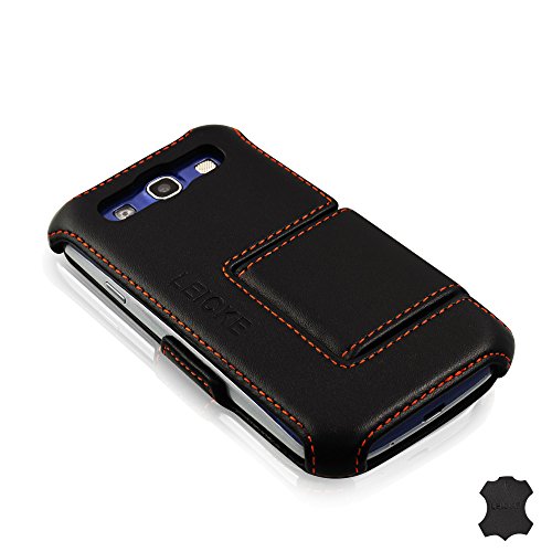 Manna Samsung Galaxy S3 Hülle Case Leder Tasche Etui Schutzhülle| Feinstes Nappaleder „Astana“ | EasyStand | schwarz, mit farblich abgesetzter Naht im sportlichen Design - 3