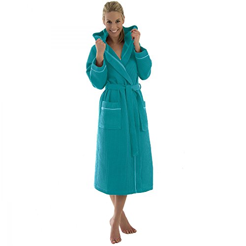 Damen und Herren Bademantel mit Kapuze, Pikee in 4 Farben Größe XL, Farbe Türkis - 3