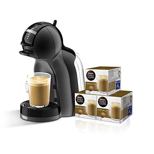 Pack De'Longhi Dolce Gusto Mini Me EDG305.BG - Cafetera de cápsulas, 15 bares de presión, color negro y gris + 3 packs de café Dolce Gusto Con Leche