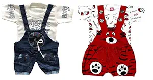 tendercare Baby Girls and Baby Boys Cotton Half Sleeve Printed Dungaree Combo Set Clothes and Dress (White, Maroon, 6-12 Months)