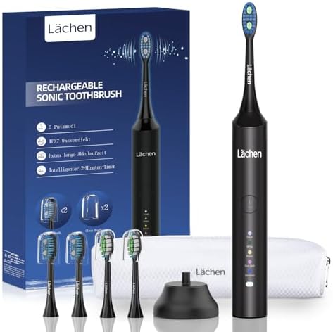 Lächen Spazzolino elettrico Sonic Spazzolino elettrico, 3 modalità di pulizia, timer da 2 minuti, 4 teste di spazzola, Usb Fast Charge, utilizzabile per 60 giorni, Ipx7 impermeabile Nero