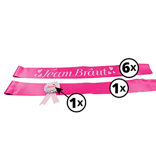 JGA Gruppenset Schärpen pink Frau Wundervoll – Team Braut -Inhalt für 1 Braut und 6 Freundinnen- Junggesellinnenabschied / Hen Party / Anstecker / Brautschärpe - 2