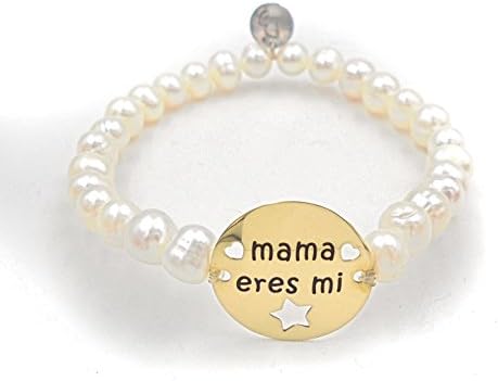'TB – Women Bracelet with Cultured Freshwater Pearl and Gold over Silver Plate with Small Fretwork Drawings of two hearts and a star with Phrase Emotiva Mama Eres Mi Estrella "