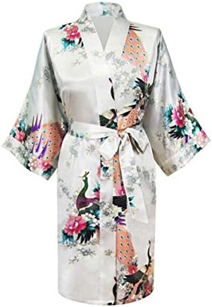 Kissria Women's Kimono Robes Peacock and Blossoms Short Style Silk Nightwear - White -