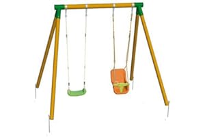 | MASGAMES | Columpio de Madera KIBO | Asiento Planos de plástico + Asiento de bebé con Respaldo | Madera tratada | Anclajes incluidos | Uso doméstico |