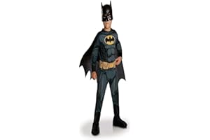 RUBIE'S Oficjalne przebranie BATMAN, klasyczne przebranie dla dzieci, rozmiar 9-10 lat, kombinezon z nadrukiem, pasek, osłona, zdejmowana peleryna, maska na Halloween, karnawał