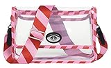 Getragen wird die Handtasche für Damen von einem abnehmbaren breiten Trageriemen aus weichem Material, diagonal gestreift in den Farben Rosa und Rot. Der Gurt ist in der Länge verstellbar von 78-120 cm.