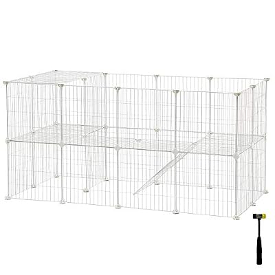 SONGMICS Clôture pour Animaux domestiques, 2 Niveaux, Enclos modulable, pour Petits Animaux, Hamsters, Lapins, Cochon d'Inde, Panneaux grillagés, Usage intérieur, 143 x 73 x 71 cm, Blanc LPI02W