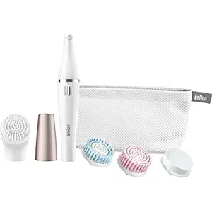 Braun Face 851 Women's Miniature Epilator, Electric Hair Removal, with 4 Facial Cleansing Brushes and Beauty Pouch
