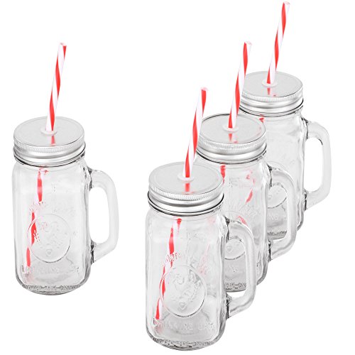 VonShef Set mit 4 Weckglas Trinkgläsern 450 ml Gläser mit Wiederverwendbaren Strohhalmen, Schraubdeckeln & Henkeln - 5