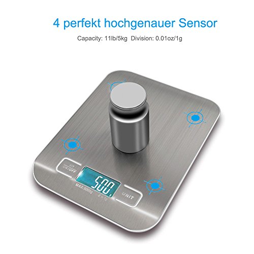 E2BUY® 5000g Digitale Küchenwaage, Lebensmittelwaage, Elektronische Kochen Lebensmittelwaage mit hoher Genauigkeit, LCD-Display, Edelstahl und schlankes Design, Inkl. Batterie (Silber) - 2