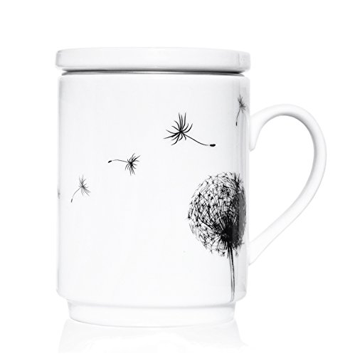 We Love Home - Taza de té de porcelana con tapa + filtro metálico inox 25 cl. estilo nórdico modelo Dandelion