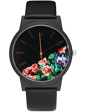 JSDDE Uhren,Strauchpäonie Blumen Damen Armbanduhr Basel-Stil Quarzuhr PU Lederband Zeitloses Design,Schwarz