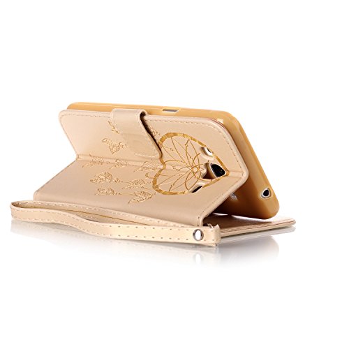 SKYXD für Samsung Galaxy J3 2016 J320FN Hülle Leder Traumfänger Blumen Drucken Muster,Brieftasche Klappbar Glitzer Strass PU Folio Schutzhülle [Kartenfach / Magnet / Standfunktion / Trageschlaufe] Inner Silikon Klapphülle mit [Handyanhänger + Eingabestift] 3 in 1 Zubehör Handy Tasche Etui for Samsung Galaxy J3 2016 J320FN Bookstyle Flip Case Leather Cover With [Stylus and Dust Plug]- Gold - 6
