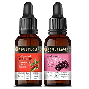 Soulflower Rosehip Carrier Oil and Grapeseed Carrier Oil for Dark Circles, Hair Lustre 100% Pure, Natural, Undiluted & Organic Premium Oil - Pack of 2 (30ml each with free dropper)