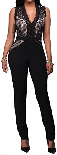 Women's Elegant Mesh Lace Deep V-Neck Sleeveless Bodycon Long Pants Jumpsuit Sexy Party Cocktail Playsuit Clubwear (M, Black)