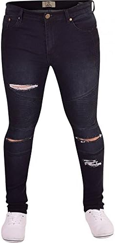 Island Trading Mens Ripped Slit Knee Skinny Stretch Fit Jeans Distressed Men's Denim Waist 32 Leg 32" (32R) Black- Biker