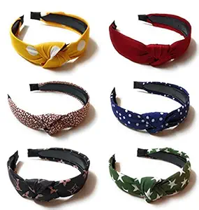 Moms Darling Hair Accessories Korean Style Solid Fabric Polka Dot Knot Stylish Cute Plastic Hairband / Headband for Girls and Women, MULTICOLOR (PACK of 6)