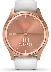 Garmin vvomove Style, Hybrid Smartwatch with Real Watch Hands and Hidden Color Touchscreen Displays, Rose Gold with White Band