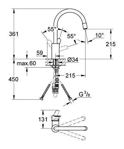 GROHE Eurostyle Cosmopolitan Küchenarmatur, hoher und herausziehbarer Auslauf, Schwenkbegrenzung 0° / 150° / 360° 31126002 - 2