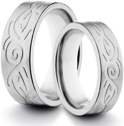 His &amp; Her's 8MM/6MM Titanium Comfort Fit Wedding Band Ring Set w/ Brushed Finish &amp; Laser Engraved Tribal Design (Available Sizes H - Z+2) EMAIL US WITH YOUR SIZES