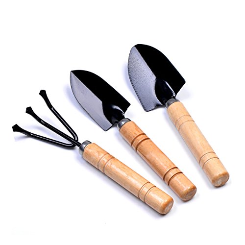 Jiele Petit outil de jardinage kit Mini Petite pelle Rateau Spade Manche en bois Metal Head Outil de sécurité des enfants Intérieur Extérieur Jardin Main Bois Outil Lot de 3Pièces Ensemble d'outils